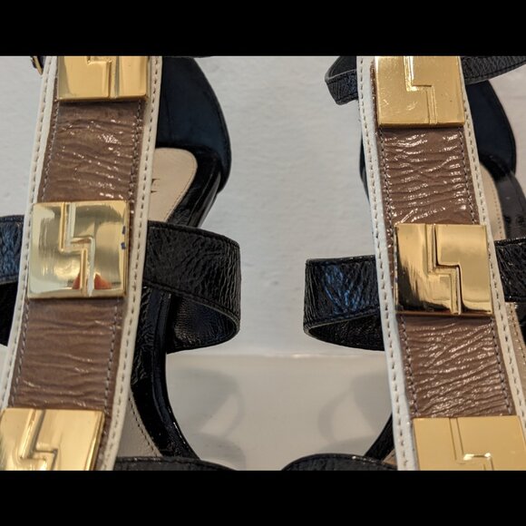LAMB Lightning Bolt Black & Gold Metal Embellish T Strap Stiletto Sandals, 7/7.5 - Picture 16 of 16